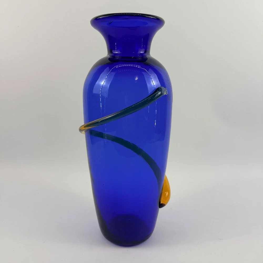 Blenko 9907L Cobalt Blue Art Glass Vase Topaz Applied Spiral Handcrafted USA